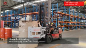 ForkFocus paper roll clamp securely centered for stable roll handling