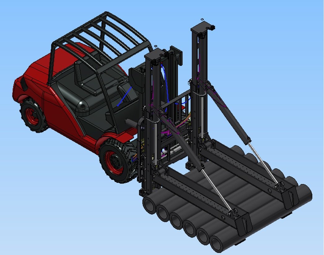 Front engineering rendering of the 6500 kg steel pipe clamp designed for a HELI CPCD150 forklift
