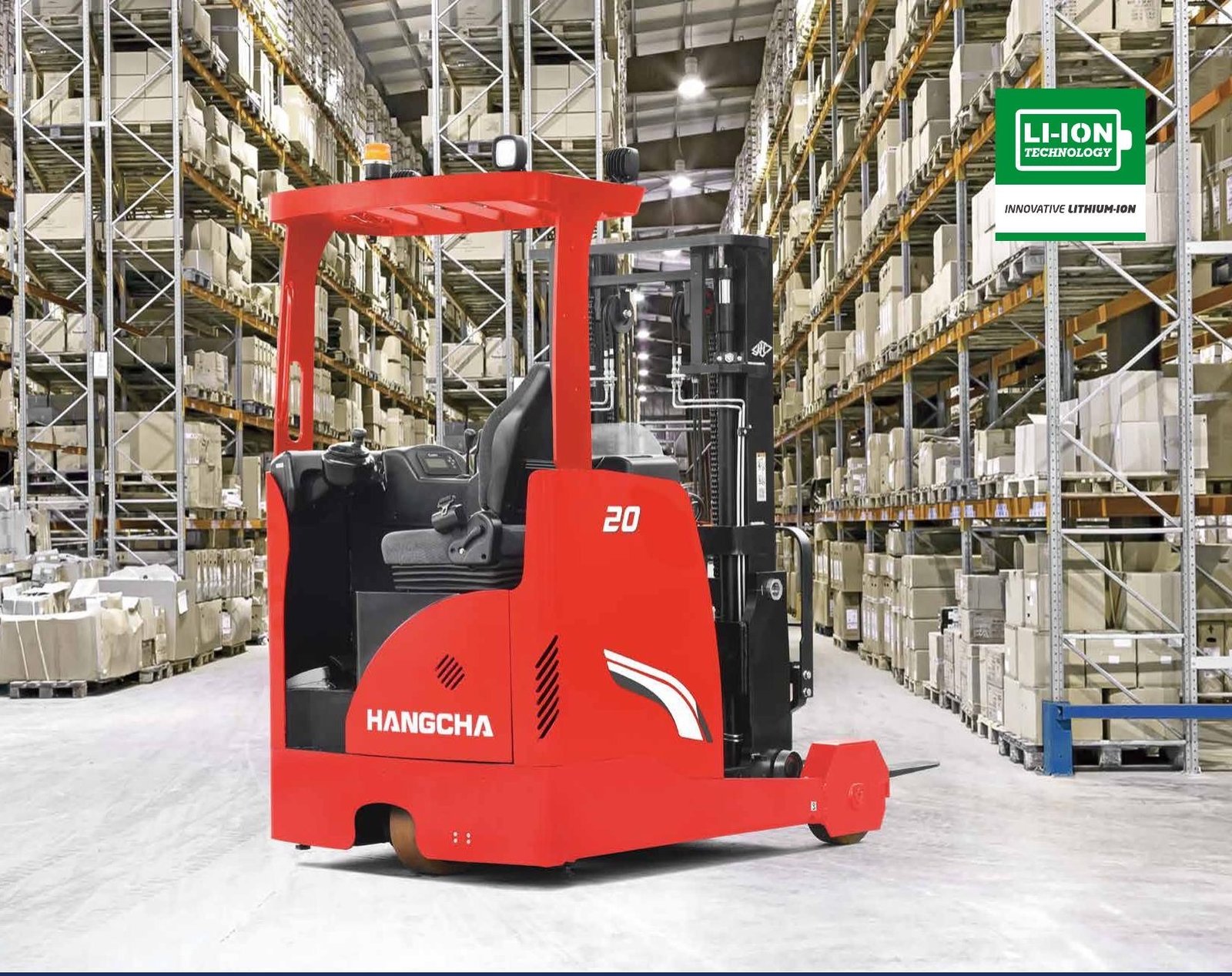 Hangcha A Series reach truck operating between warehouse racks