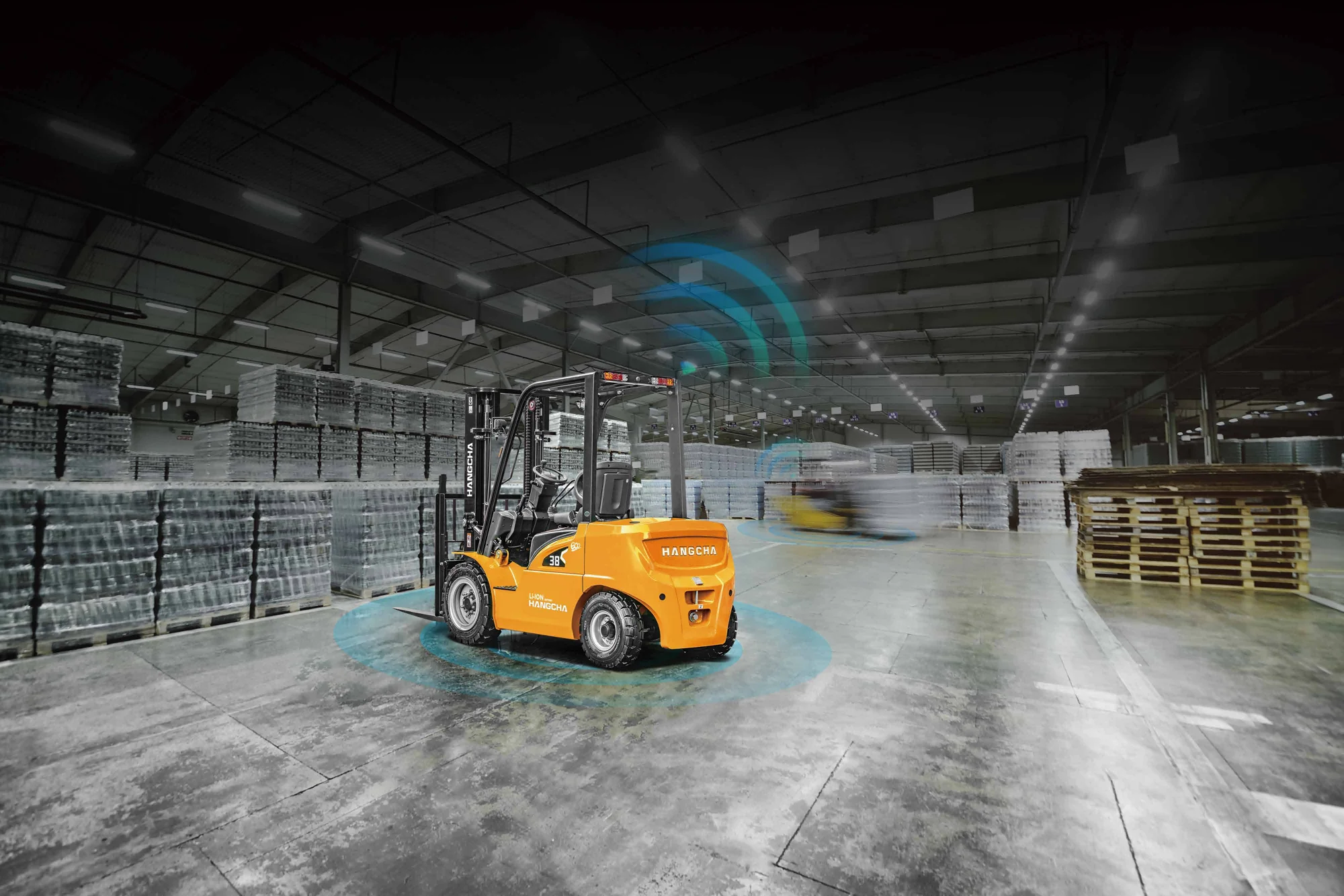 Connected forklift using ADAS monitoring in an industrial warehouse