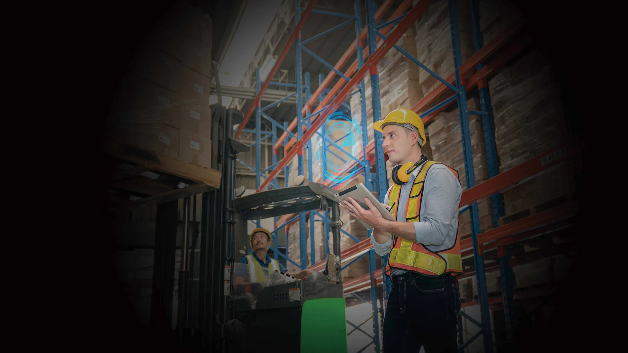 Forklift operator receiving an ADAS warning near warehouse racking