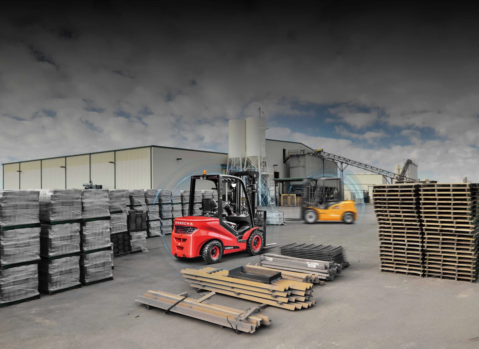 Forklift fleet operating at an industrial material yard