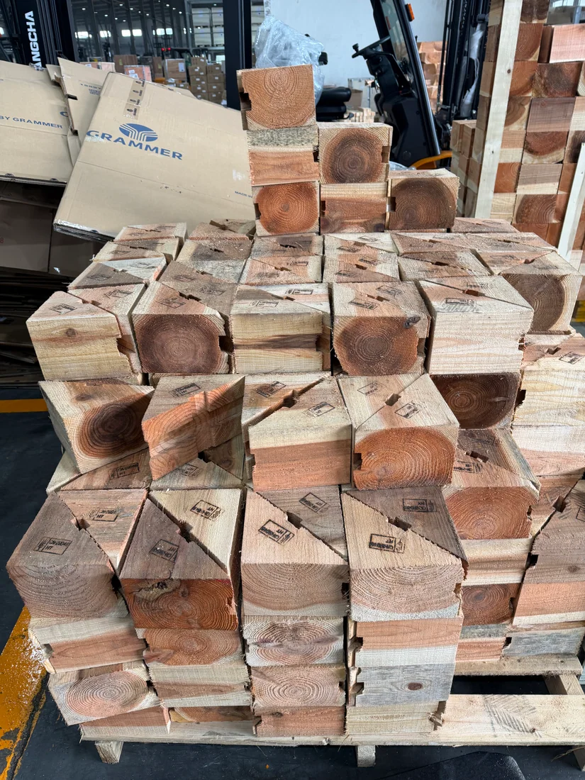 Real wooden blocking and restraint material used for forklift shipment.