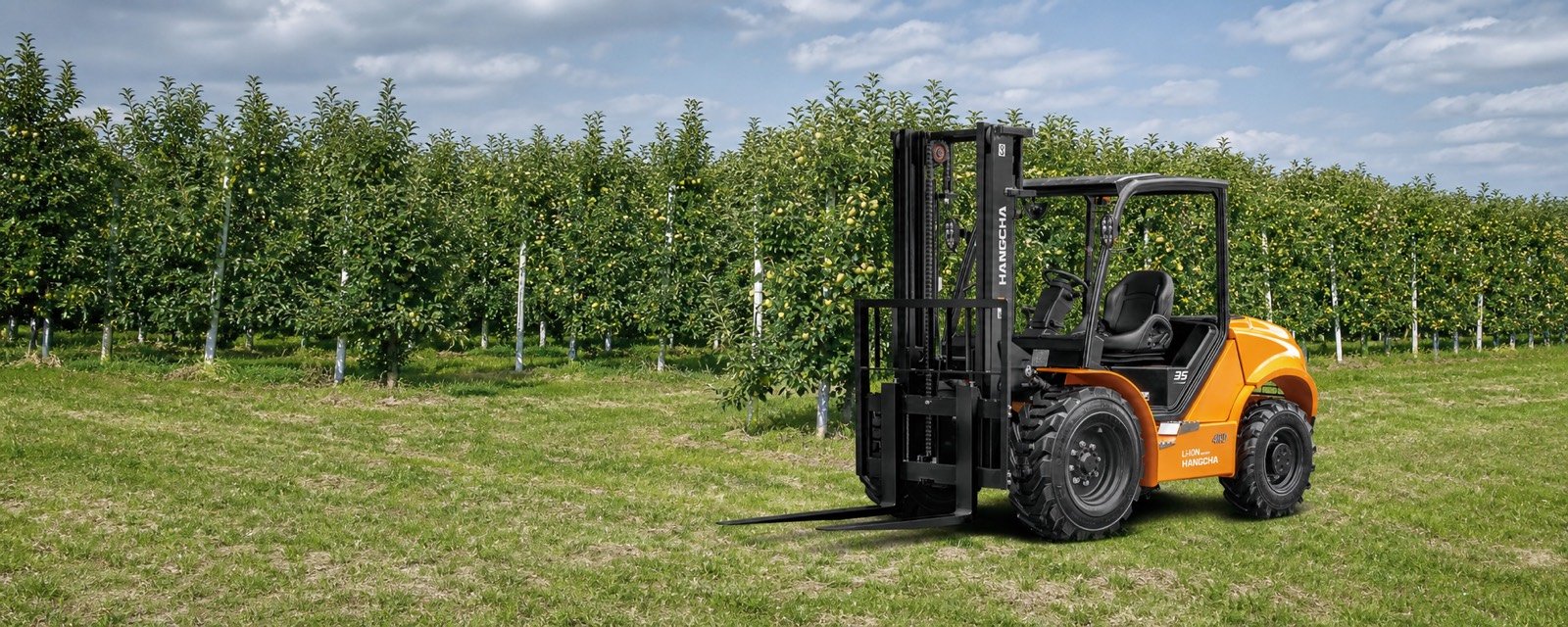 Hangcha high-voltage lithium rough-terrain forklift in an orchard