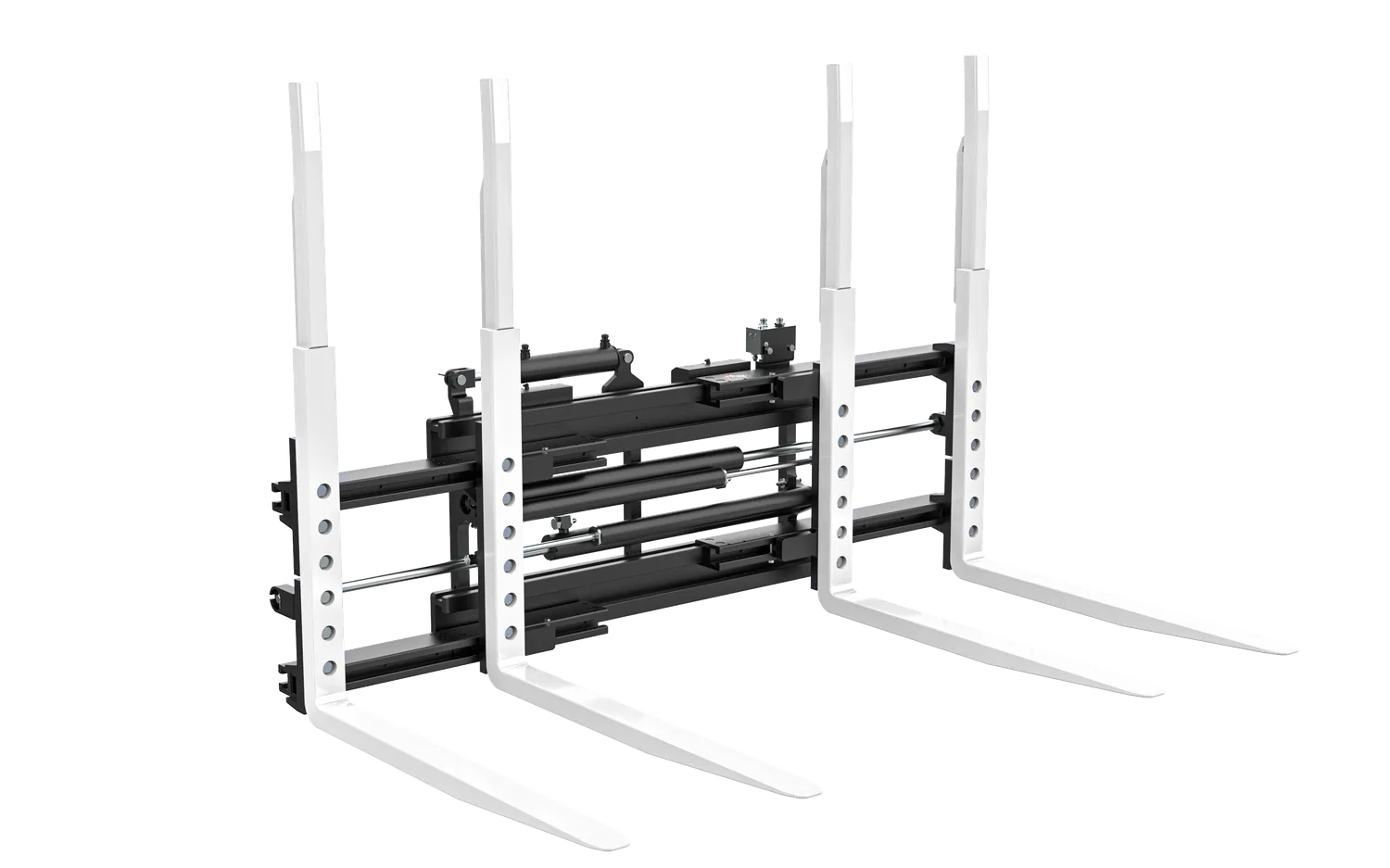 Complete forklift mast and grouped forks on a multi-pallet handler