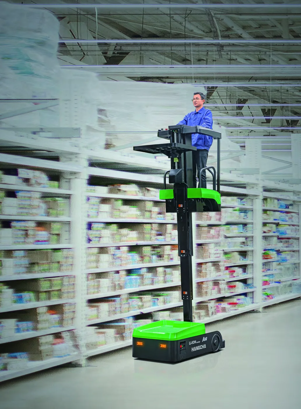 Complete Hangcha A Series lithium-ion mini stock picker in a retail aisle