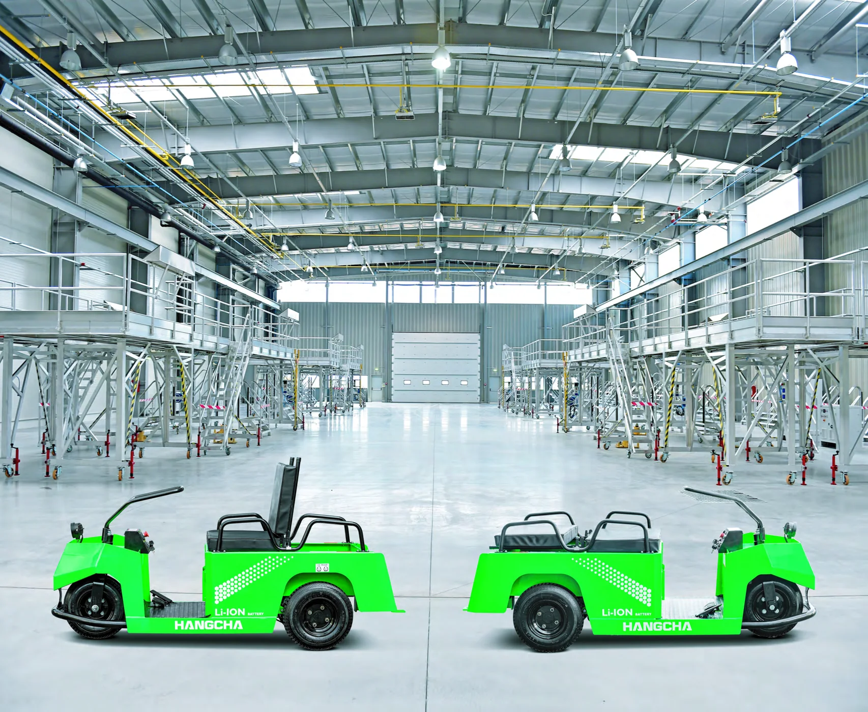 Complete Hangcha lithium-ion personnel carrier in an industrial facility