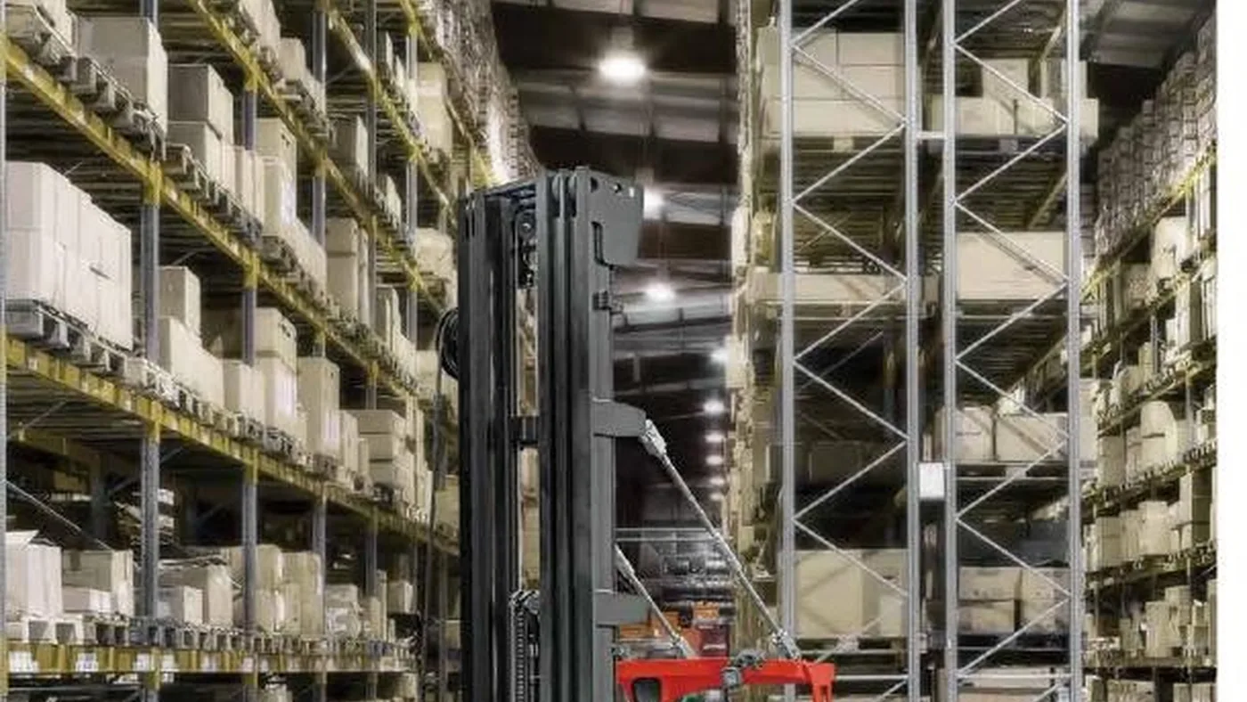 A Series 1.2 tonne seated man-down turret truck in pallet racking