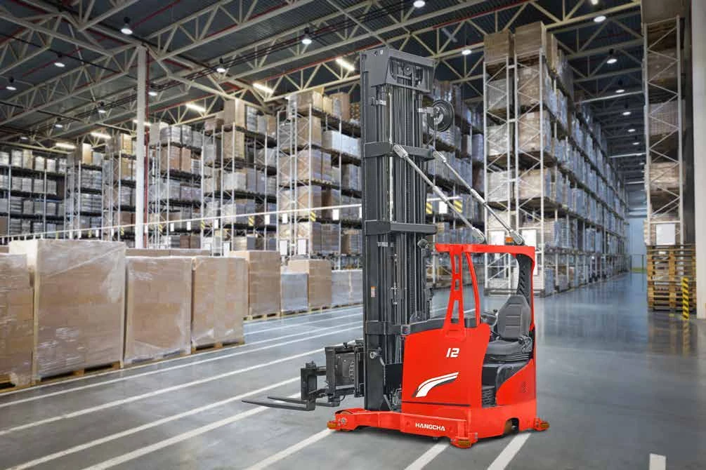 A Series 1.2 tonne seated man-down turret truck in pallet racking
