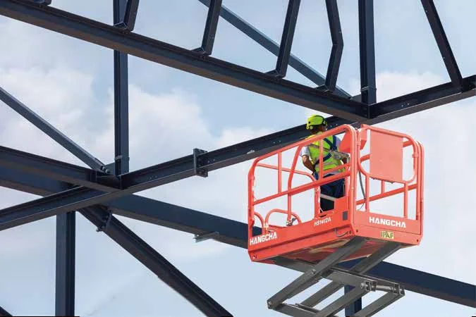 Hangcha HS1412A E-Drive scissor lift in raised position