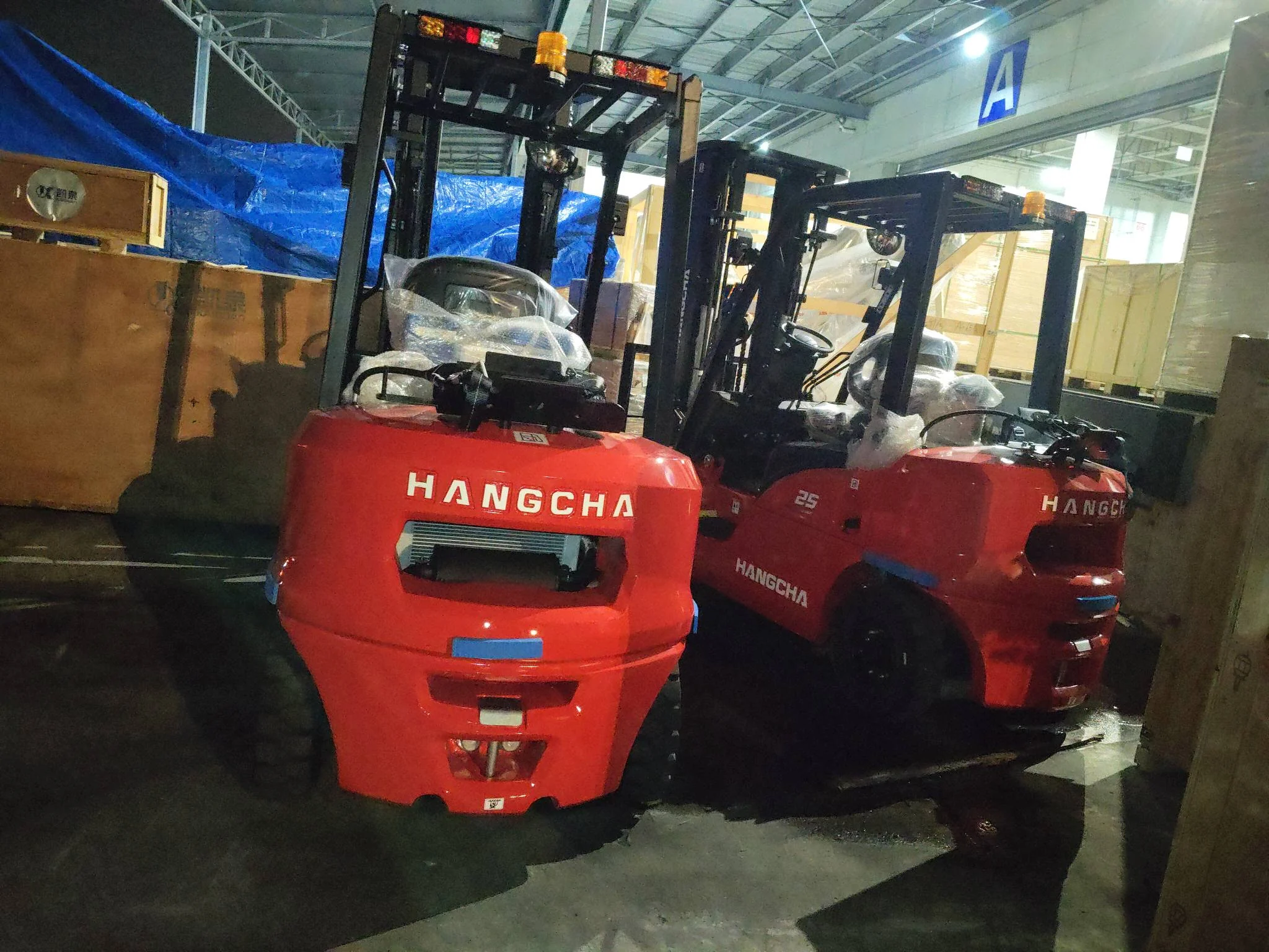 Two LPG forklifts prepared in a warehouse before dispatch