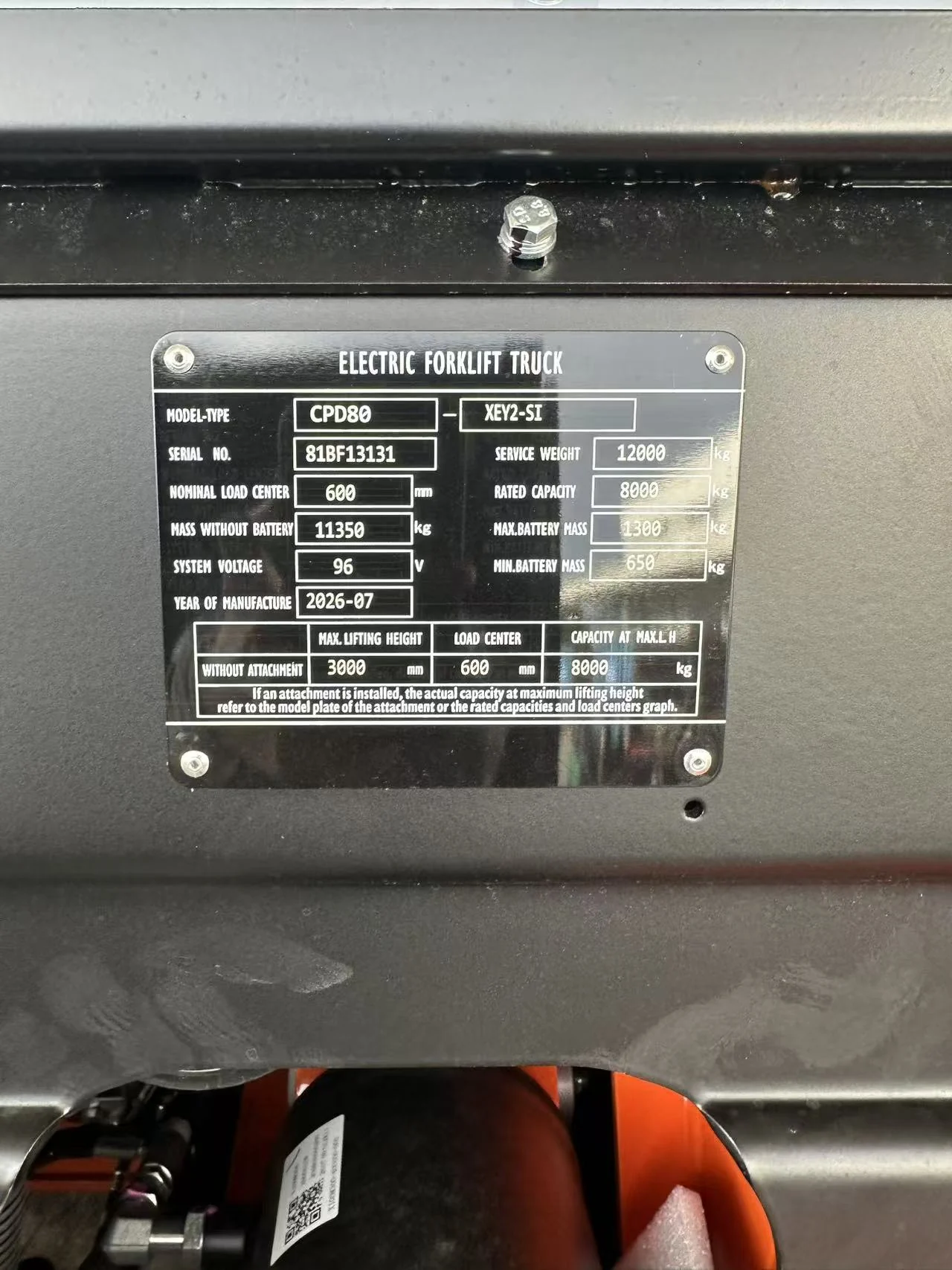 CPD80-XEY2-SI electric forklift nameplate