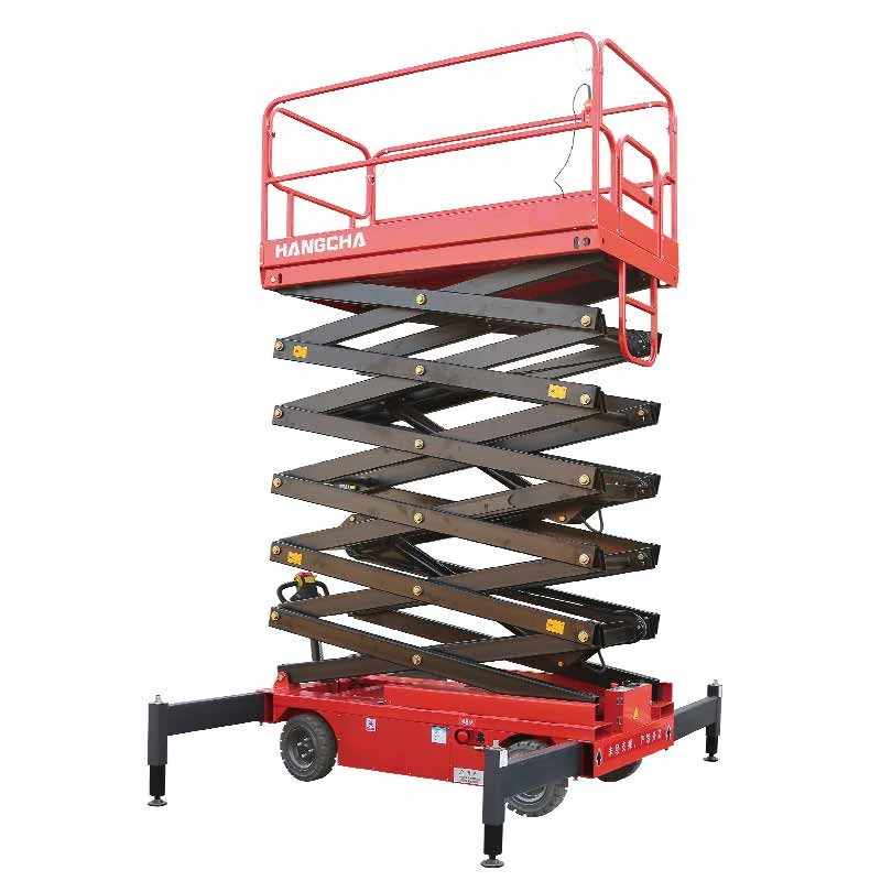 Hangcha XEQ scissor lift with platform raised and stabilisers deployed